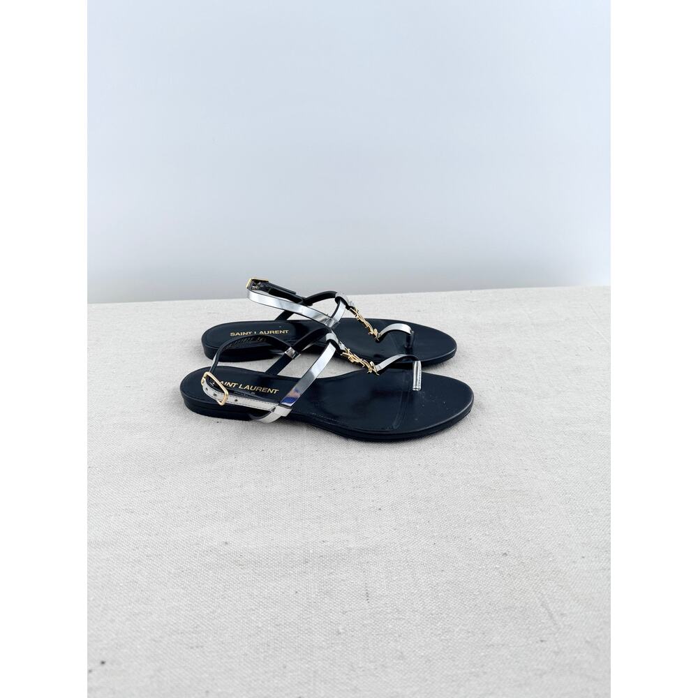 Saint Laurent Cassandra Patent Leather YSL Logo Thong Sandals Silver Black 36.5 - Picture 5 of 8